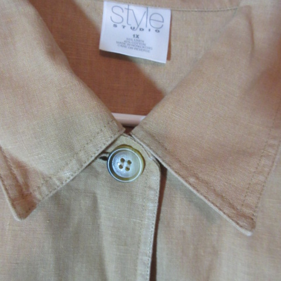 TAN SHIRT BLOUSE "STYLE STUDIO" Linen Cotton 1X - Picture 2 of 3